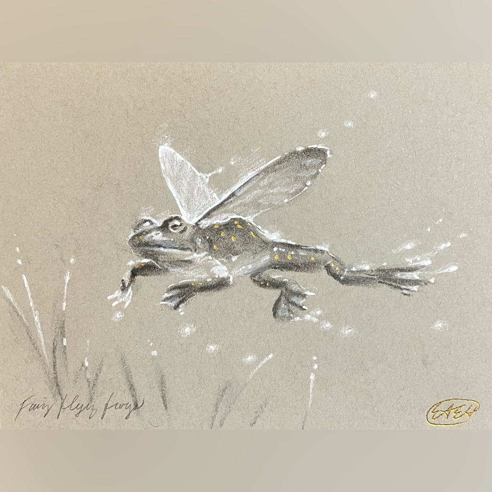 Original Fairy Flying Frog painting Whimsical art Creature surreal Fantasy EAE